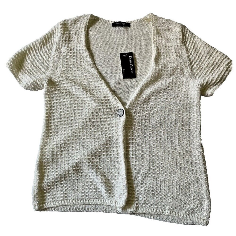 Evan-Picone Womens White Short Sleeve Cardigan Sweater 1X Acrylic/Nylon Blend
